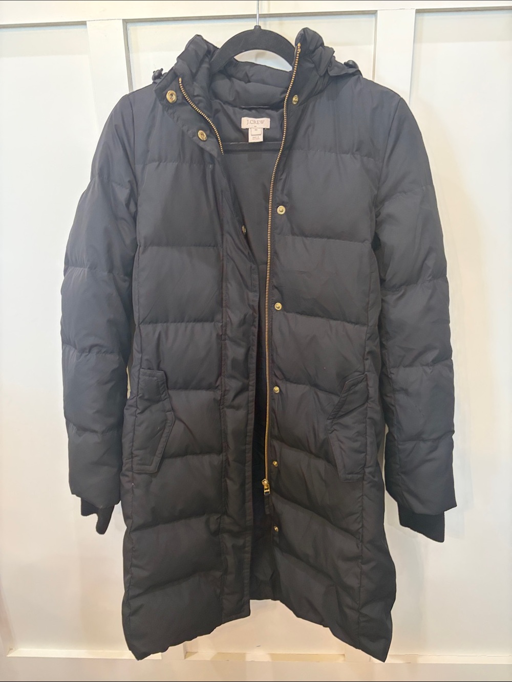 J. Crew Black Quilted Long Down Puffer Coat with Hood